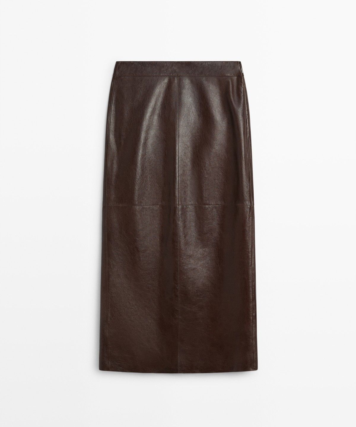 마시모두띠(MASSIMO DUTTI) 나파 가죽 심 디테일 일자형 미디 스커트