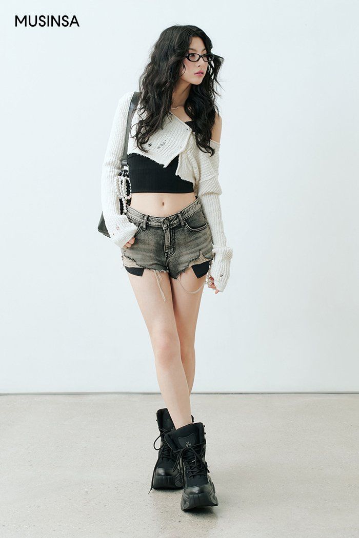 보헤미안 서울(BOHEMSEO) DESTROYED GRAY DENIM SHORTS - 사이즈