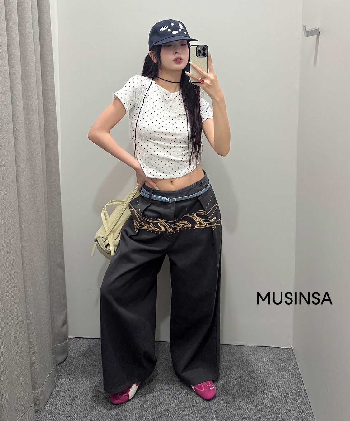 ぬ*ー様 Kashiko Embroidered Pintuck Wide Pa Kashiko Embroidered
