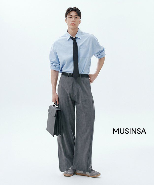 Multi-tuck wide slacks [gray stripe]