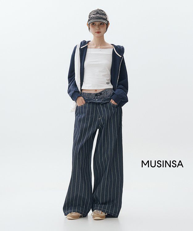 아캄(AAKAM) Striped Cinch Back Denim Pants (Black) - 사이즈 & 후기