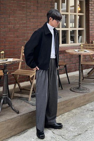 MUSINSA | BESLOW WOOL WIDE COLLAR HARRINGTON JACKET BLACK