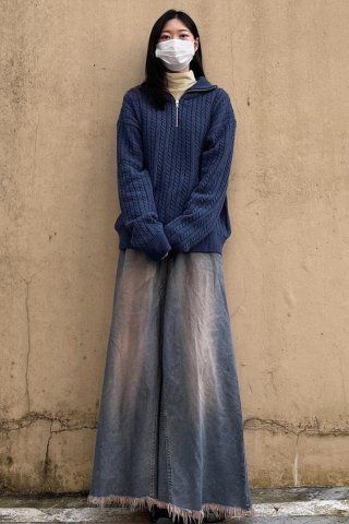 MUSINSA | AGOD Half Zip Up Cara Neck Cable Knit [Heather Blue]