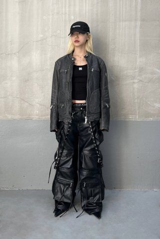 MUSINSA | BADBLOOD Cracked Leather Racing Jacket - Smokey Black