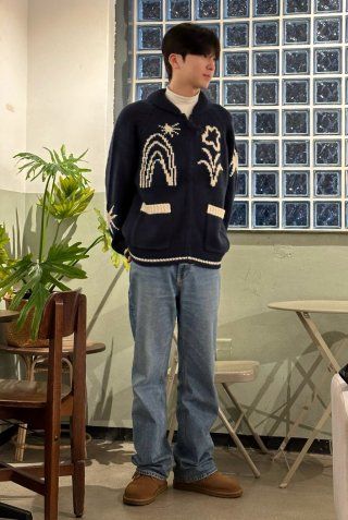 MUSINSA | FALLETT Drawing Garden Cowichan Knit Zip-up Navy