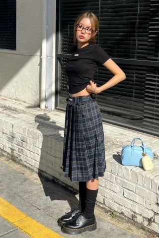 MUSINSA | CRANK Check frill pleated midi skirt_navy