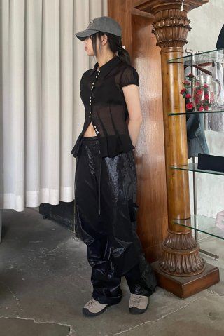MUSINSA | SCULPTOR Glossy Parachute Pants Black
