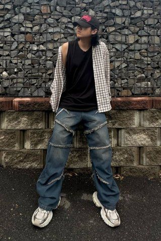 MUSINSA | NOT4NERD Cut Off Curved Denim Pants - Deep Blue