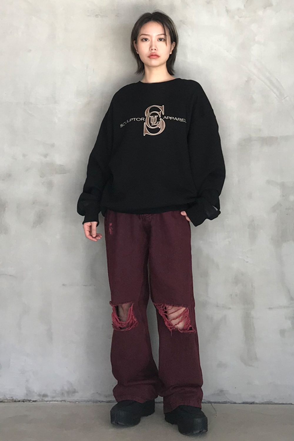 21SPRING COLLECTION“LOWTECH” TOP: Satin Applique Sweatshirt [Black / S] BOTTOM: Destroyed Garment Dyeing Denim Pants [Red / M
