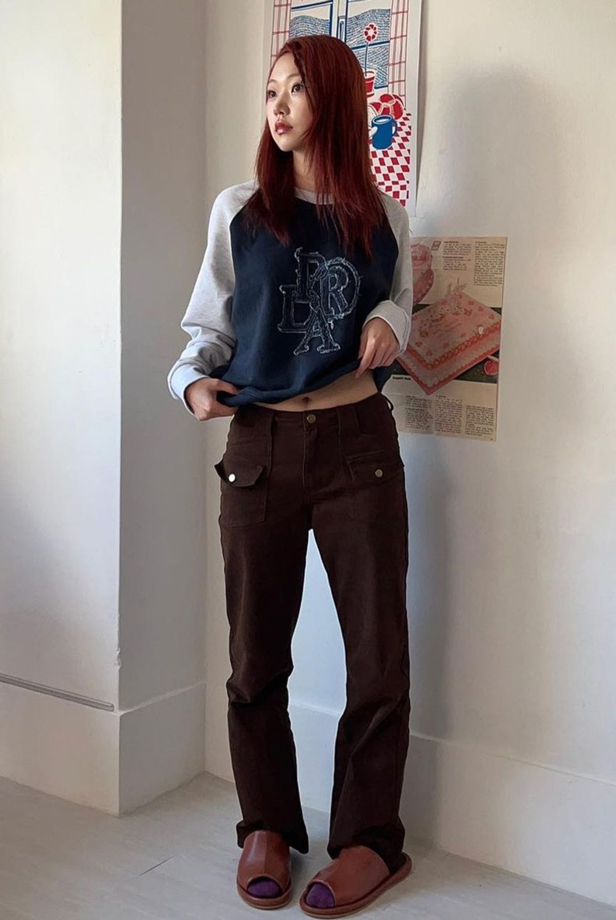 프렌다(PRENDA) COMBINATION DENIM PATCH RAGLAN SWEATSHIRT NAVY