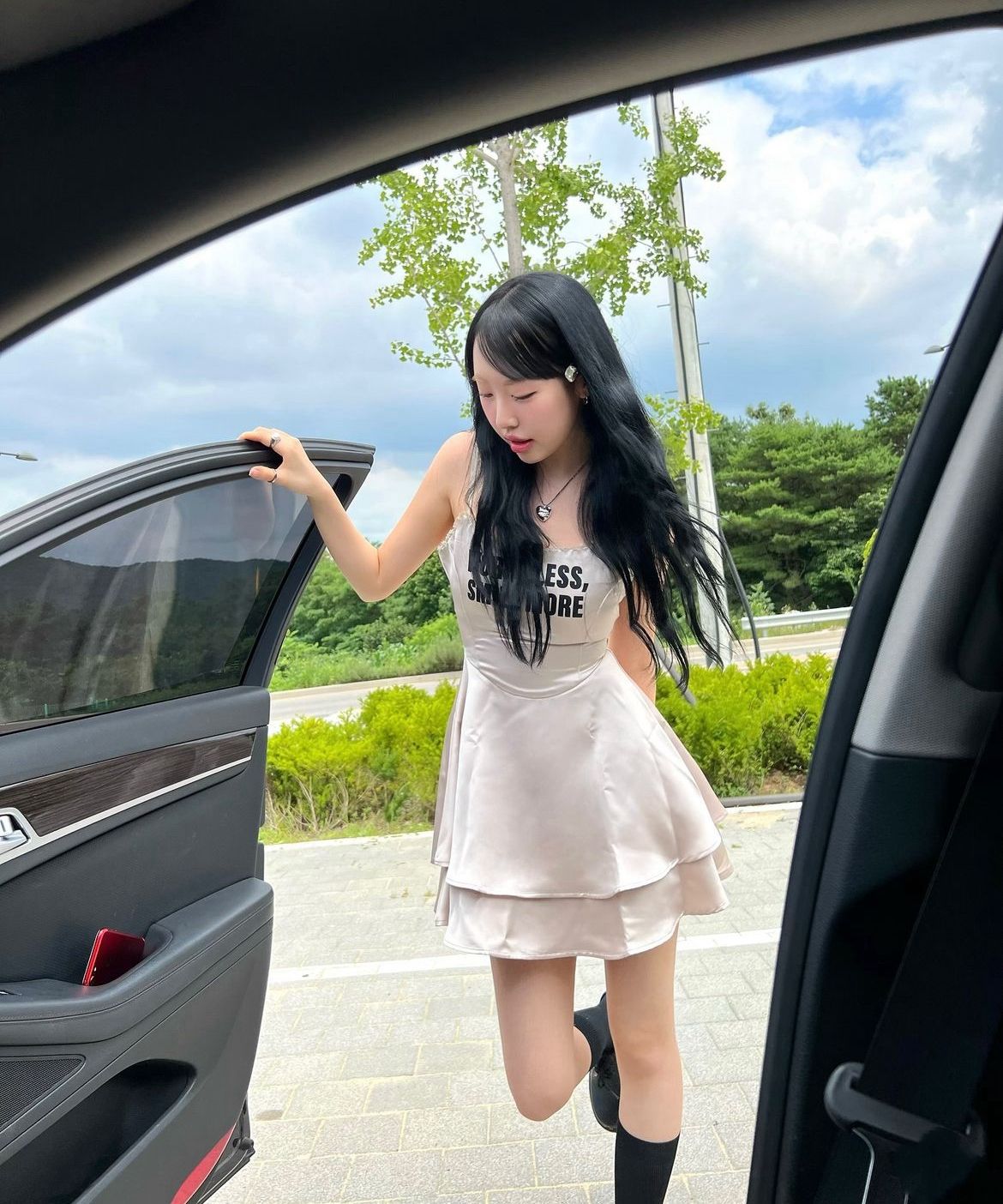 MUSINSA | YOUHEE LETTERING SATIN FLARE MINI DRESS BLACK