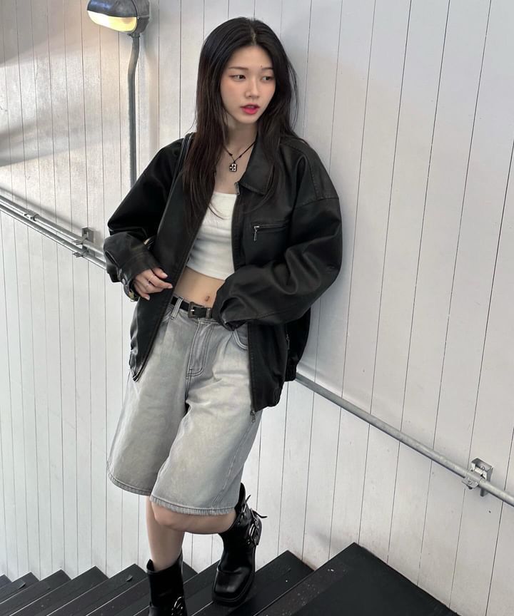 ★LEATHERY★ Washed Leather Overfit Blouson Jacket (2色) MUSINSA | LEATHERY Washed Leather Overfit Blue Jacket