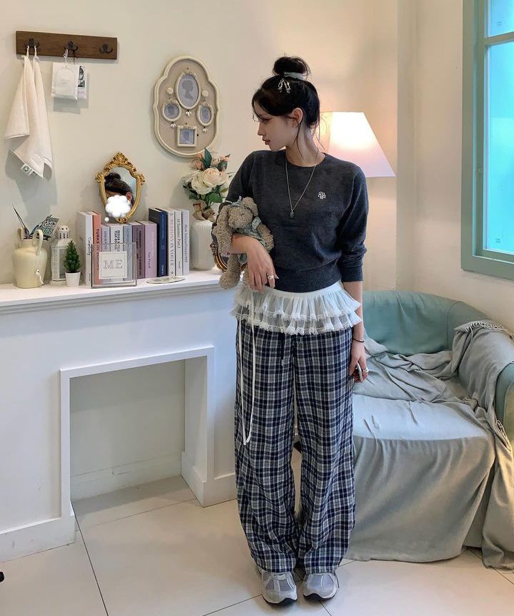 ●muahmuah● Wide check banding pants navy _MUP24801_ MUSINSA | MUAHMUAH Wide check banding pants [navy]