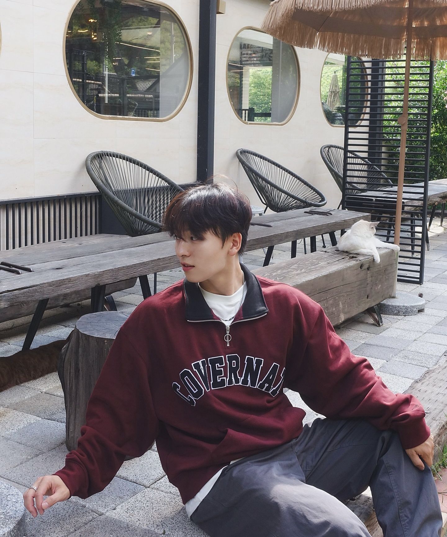 MUSINSA | COVERNAT Arch Logo Half Zip Up Man to Man Oatmeal