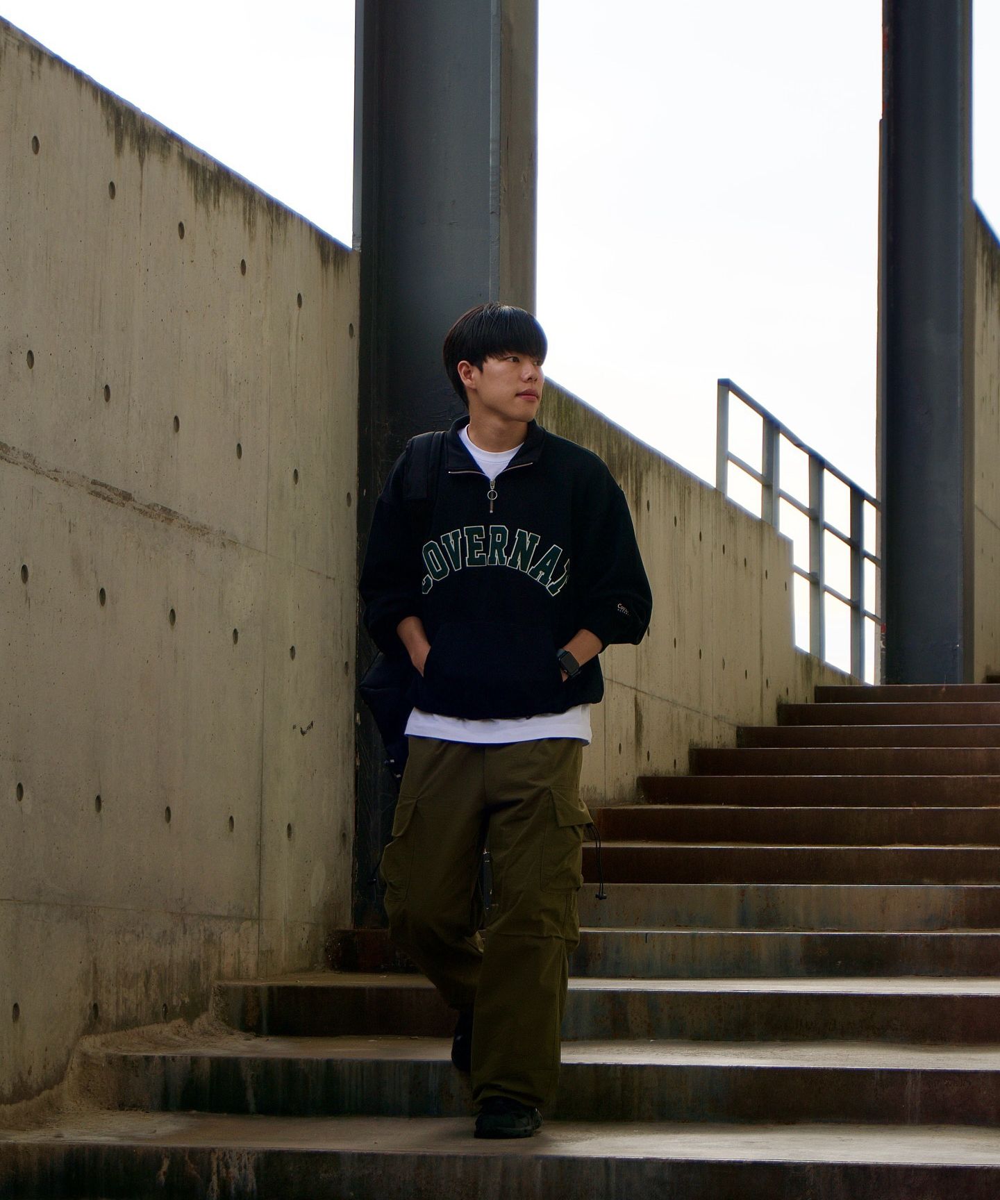 MUSINSA | COVERNAT Arch Logo Half Zip-up Man to Man Black
