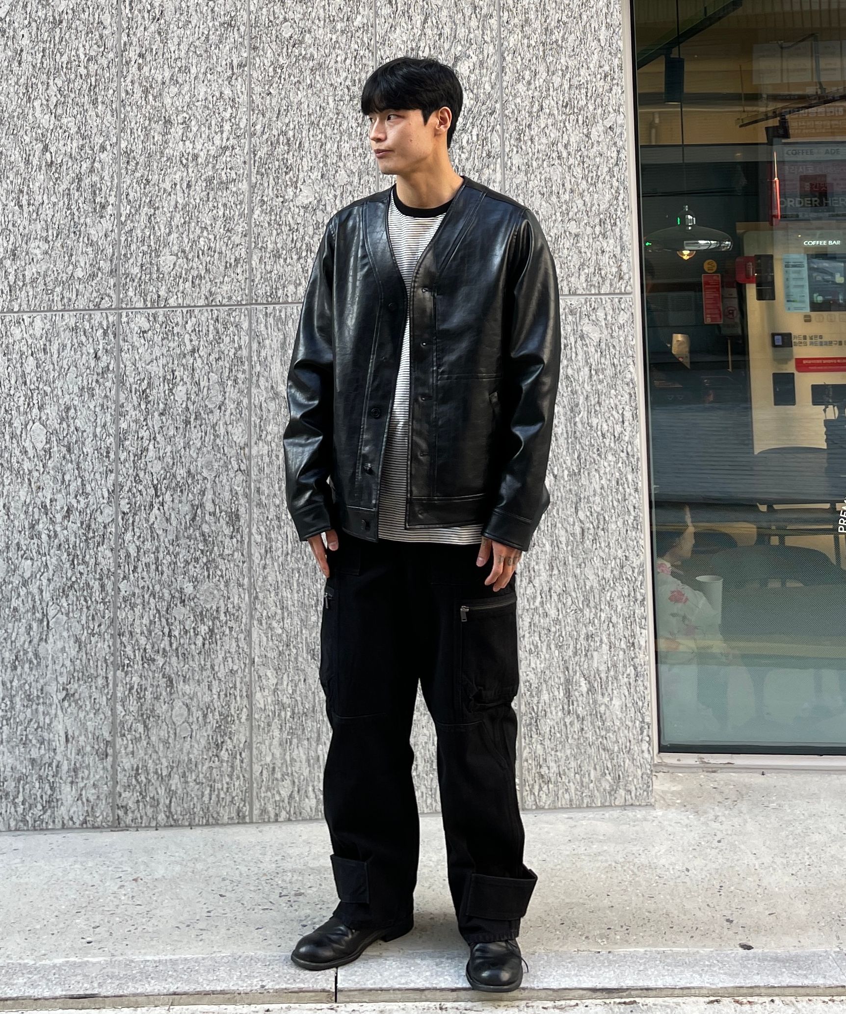ブラック ノーカラーレザージャケット 韓国ファッション MUSINSA MUSINSA公式 | WMC ノーカラー フォックスレザー ジャケット_BLACK