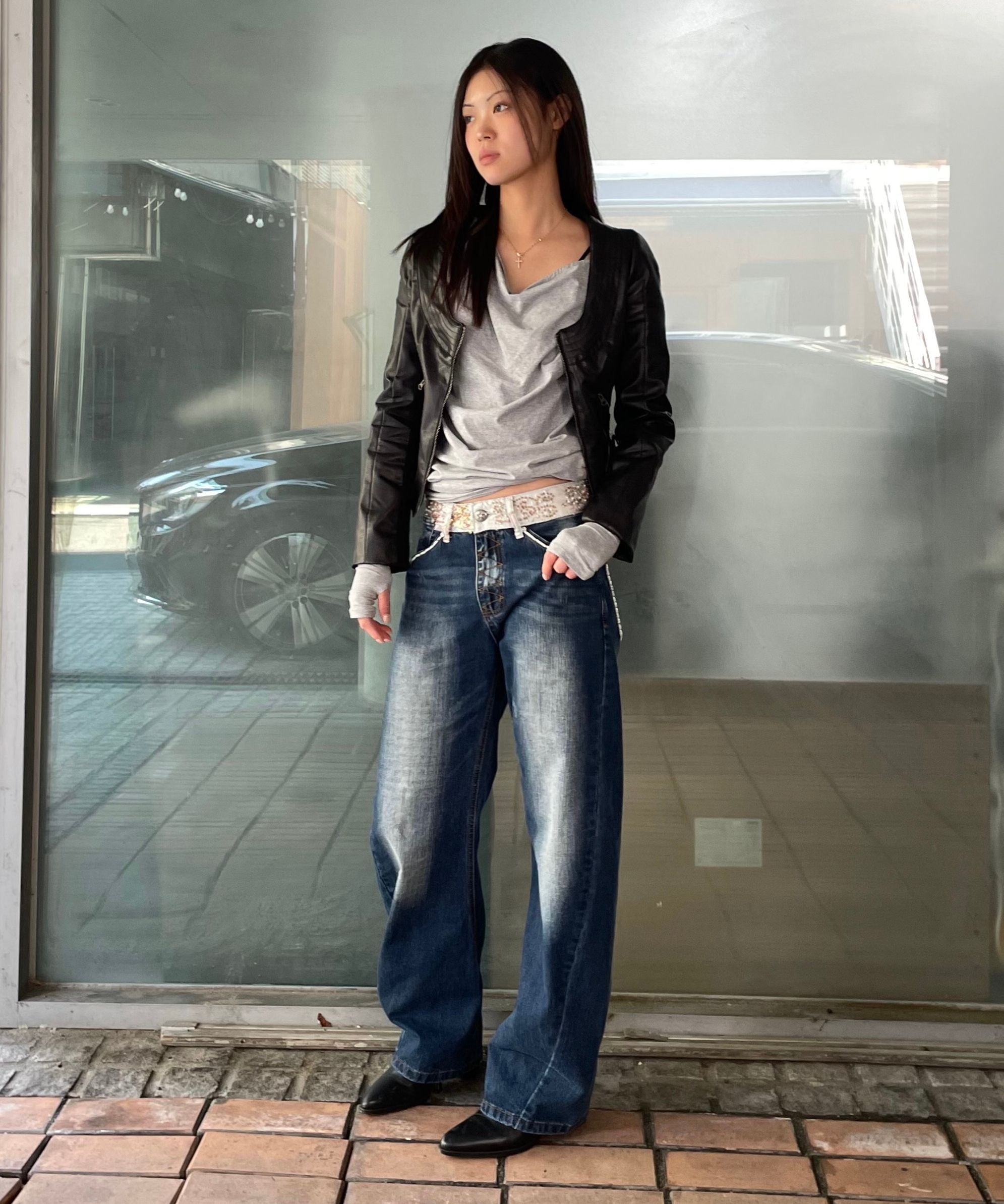 MUSINSA | SCULPTOR Portrait Neck Faux Leather Jacket Black