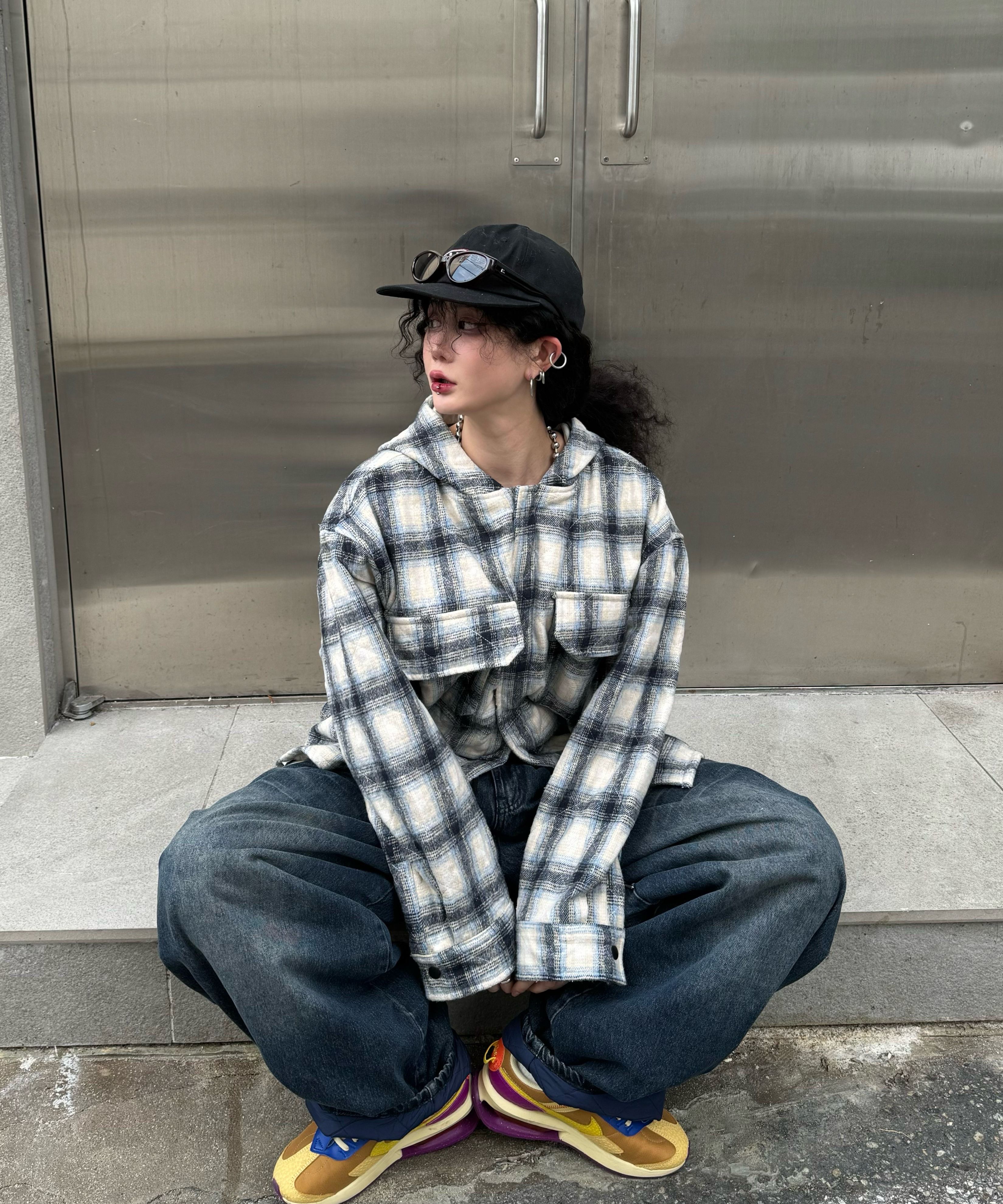 MUSINSA | XTONZ XTS035 Padded Check Hooded Shirt Jacket (BLUE)