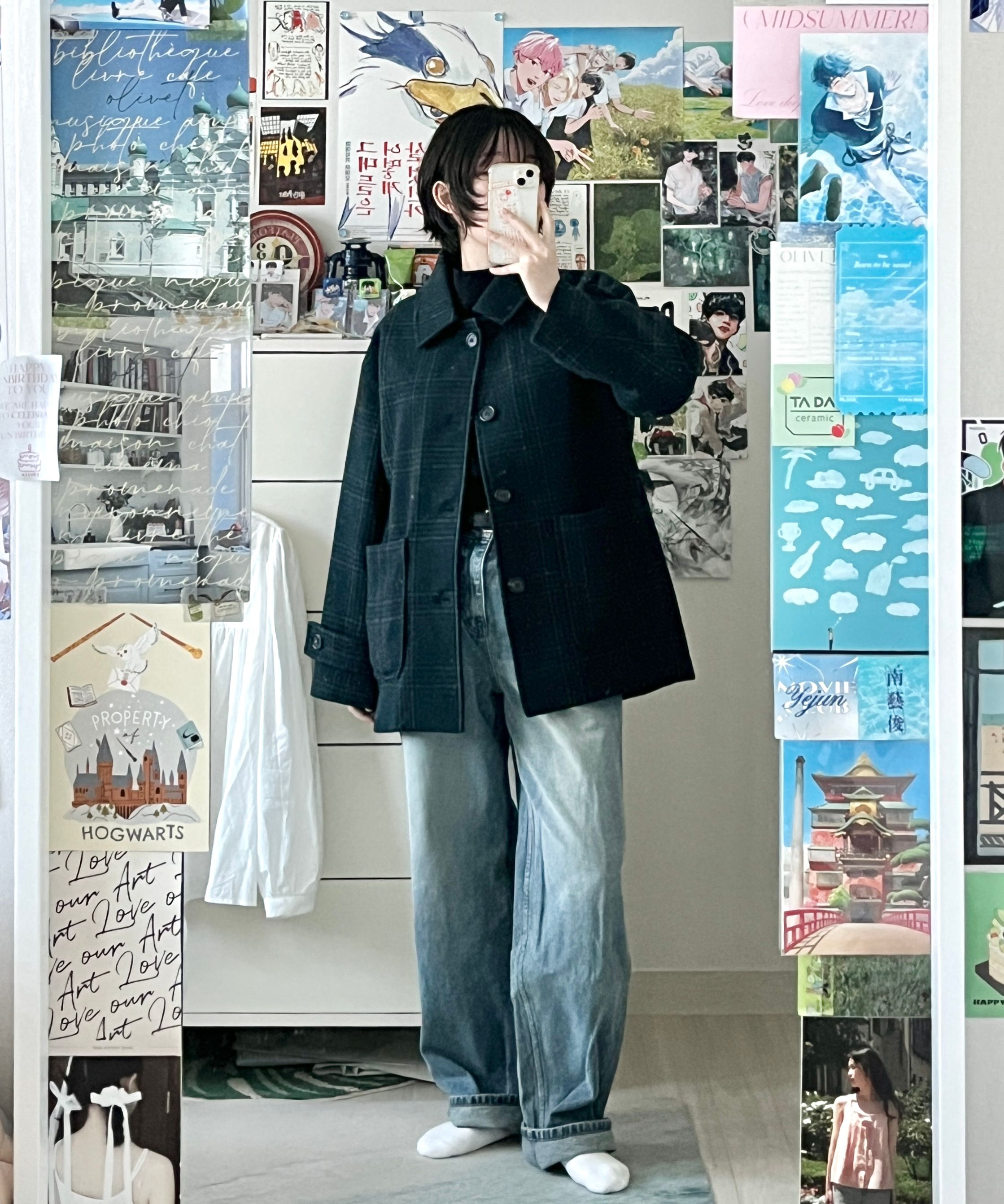 MUSINSA公式 | OHESHIO CHECK HALF WOOL COAT, BLACK