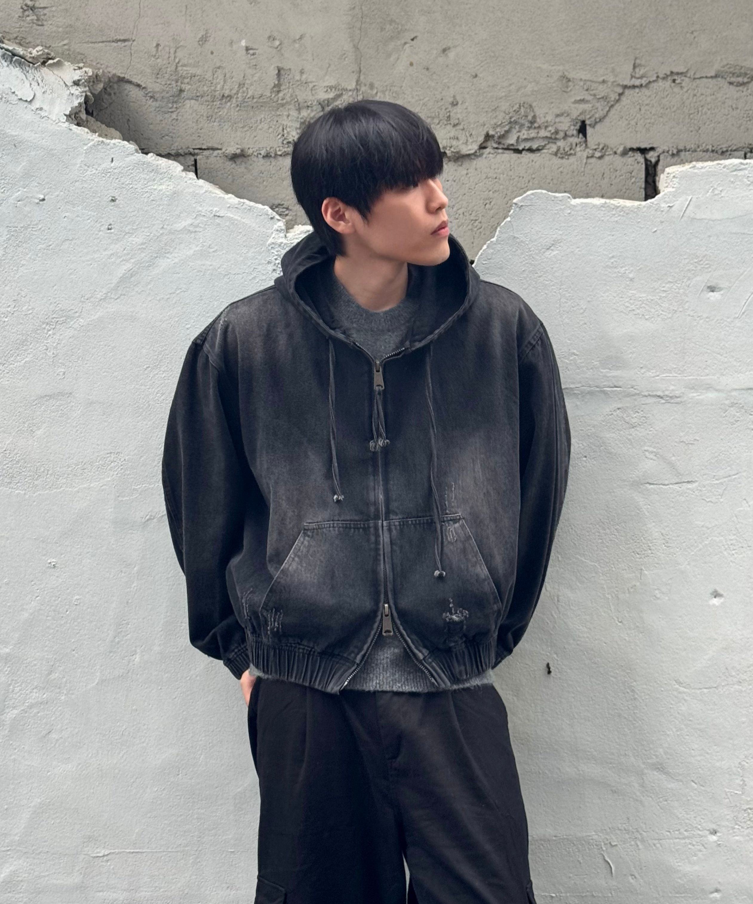 MUSINSA | VTWO Drawing Washed Denim Hooded Jacket_Black