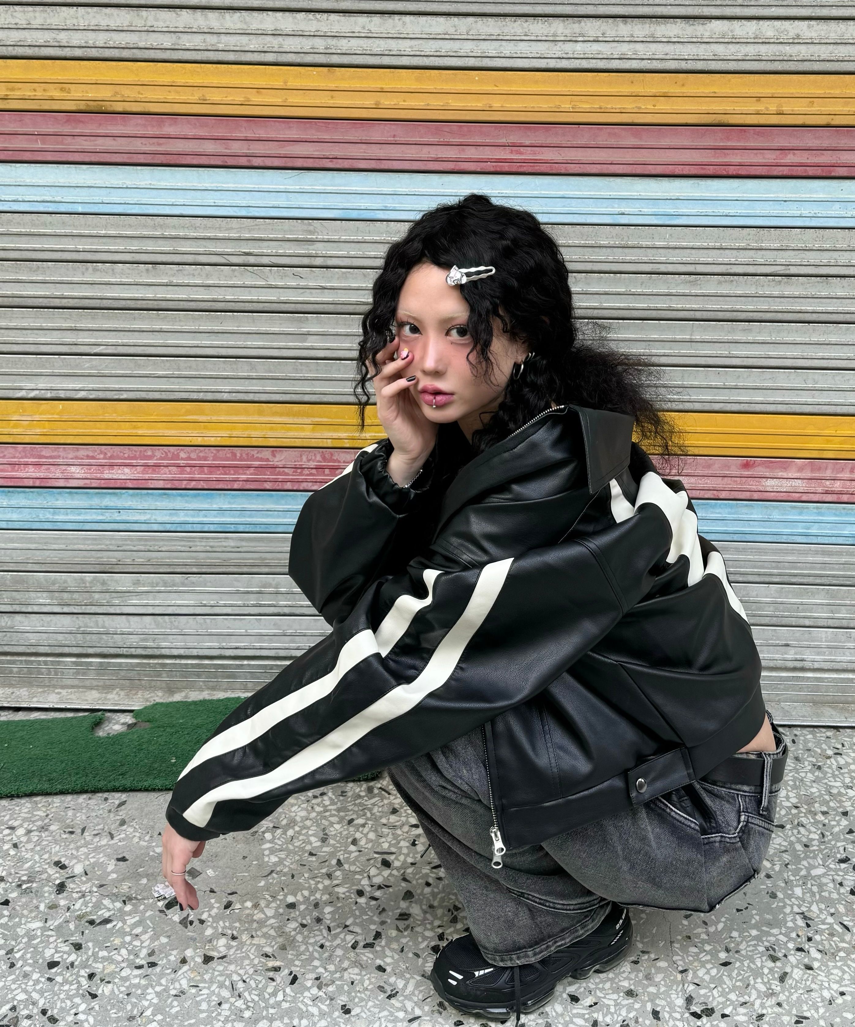 MUSINSA | XTONZ XP236 Leather Mix Curved Denim Pants (BLACK)