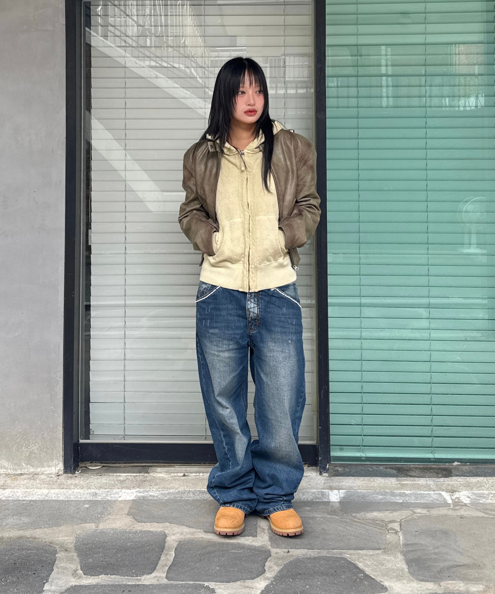 MUSINSA | SCULPTOR Emboss Faux Leather Bomber Sage