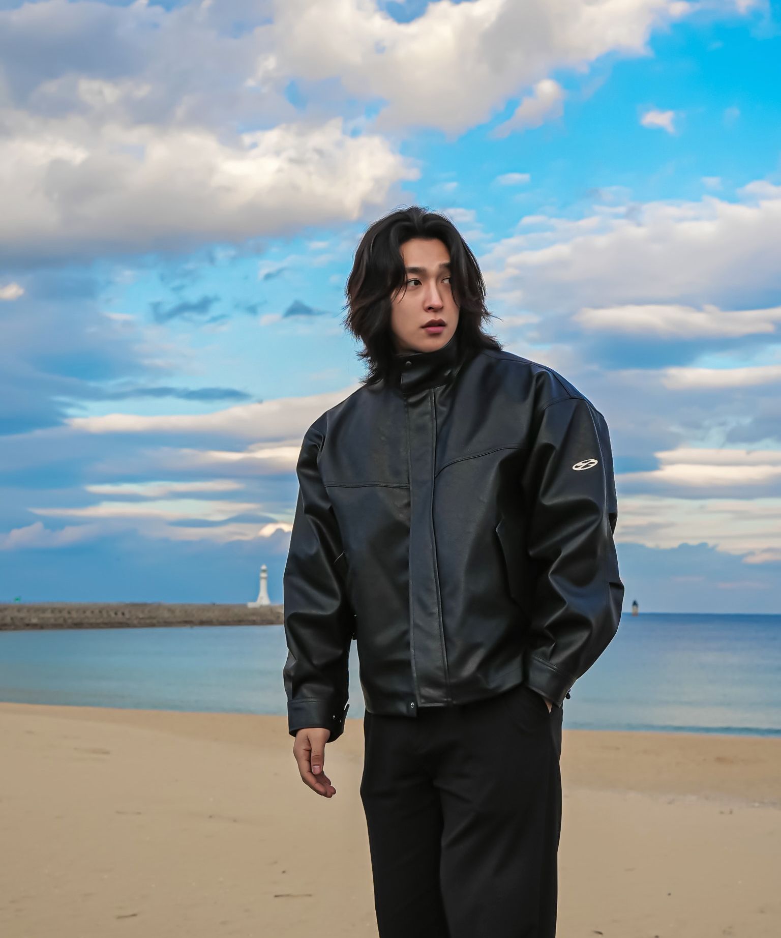 MUSINSA公式 | 1993STUDIO Symbol Logo Leather Field Jacket_Black