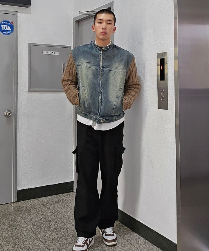 MUSINSA | NOT4NERD Knit Sleeve Denim Jacket - Deep Blue
