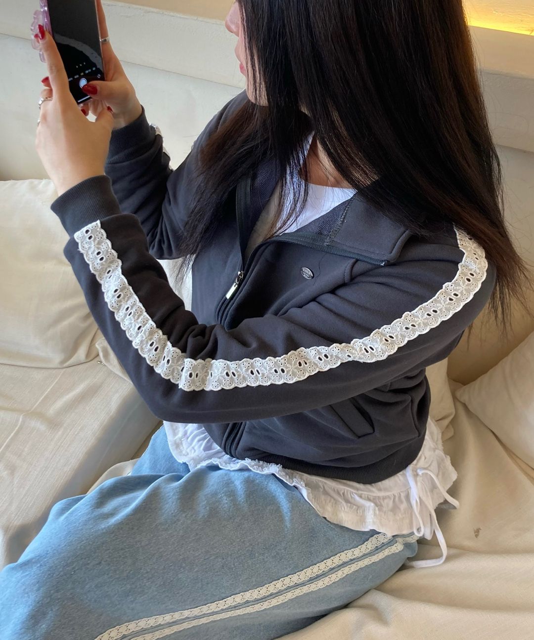 MUSINSA | RONRON SIDE LACE SWEAT TRACK ZIP UP NAVY