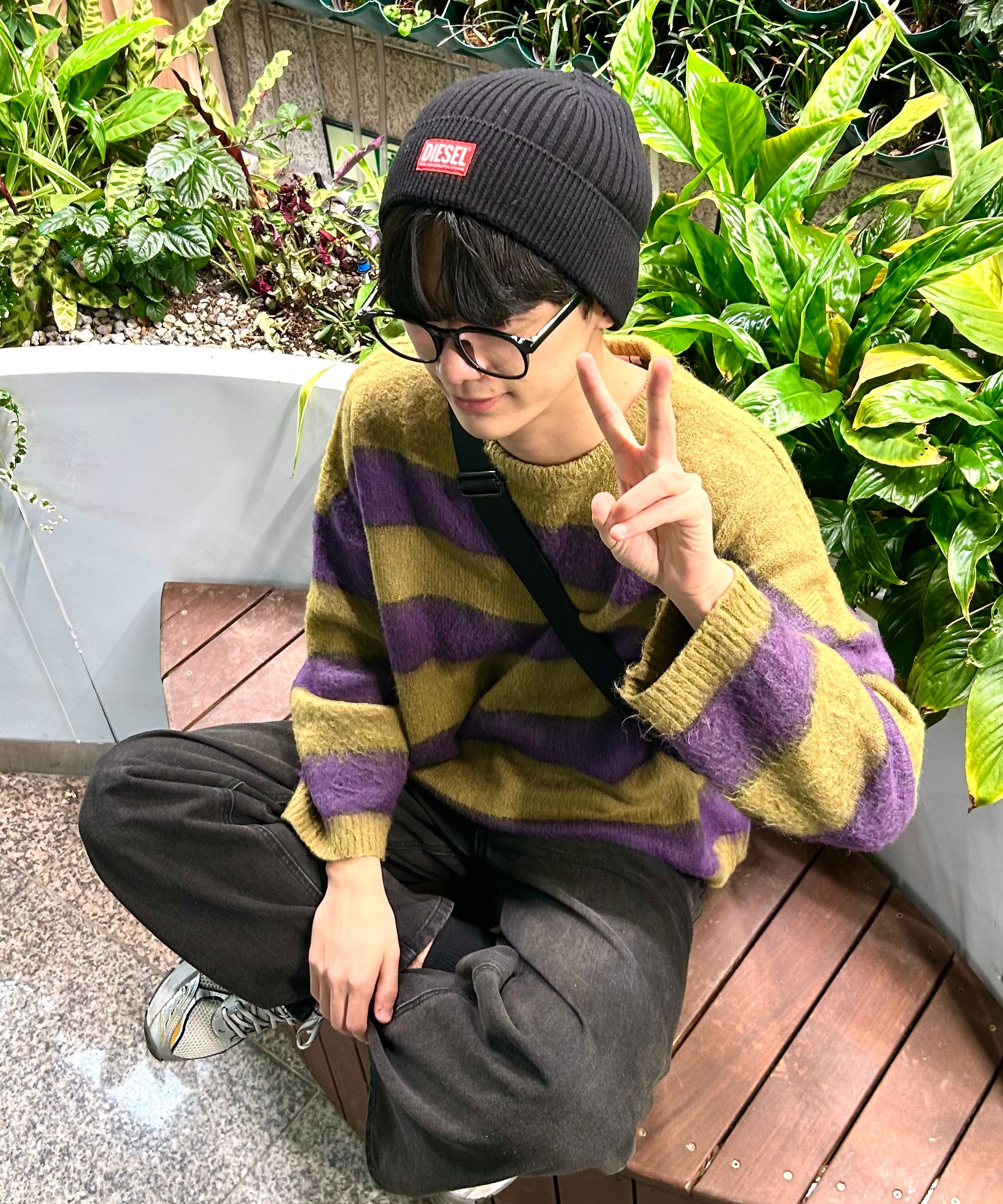 MUSINSA | XTONZ XTK036 Allen Stripe Mohair Knit Sweater (KHAKI/PURPLE)