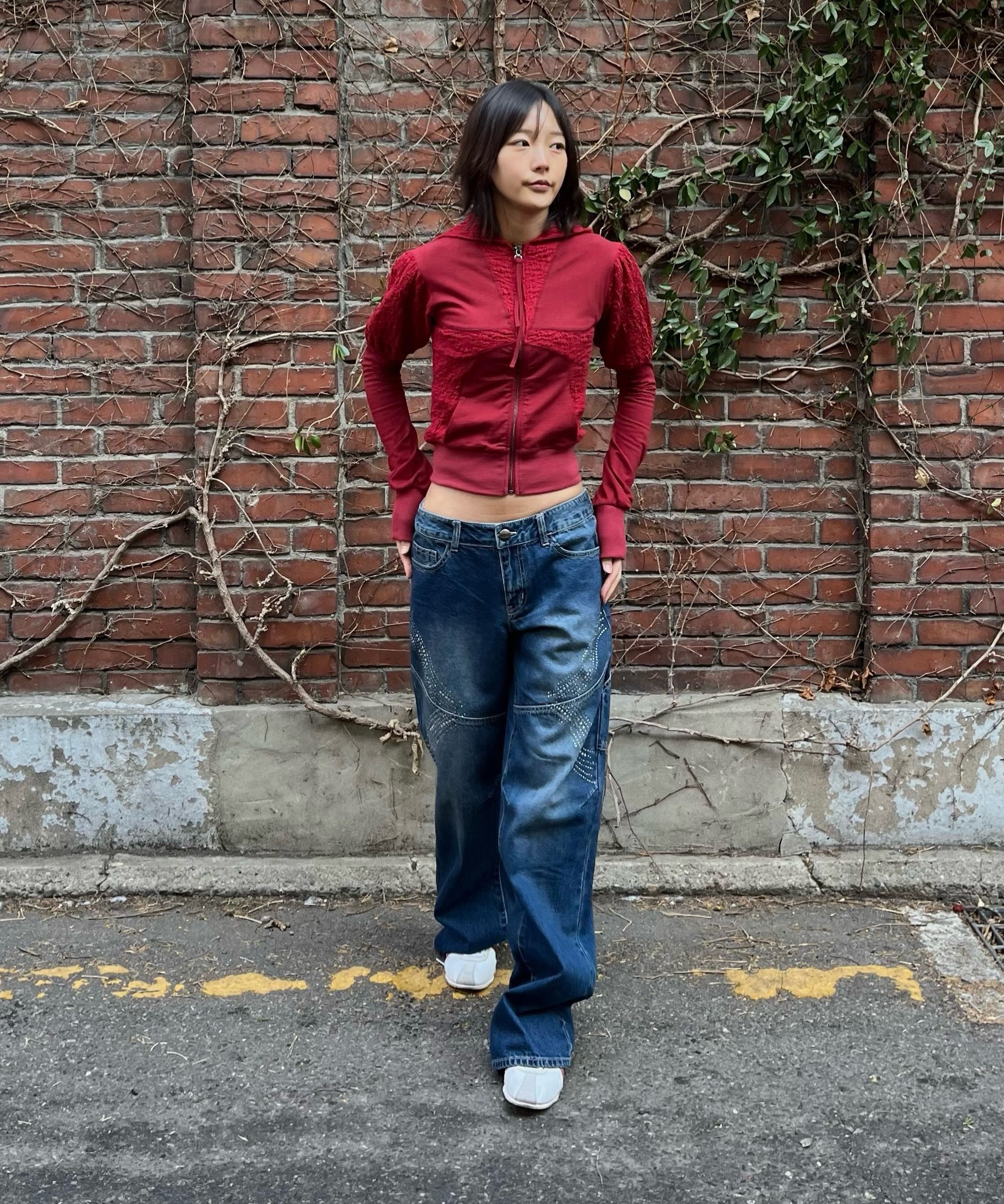 MUSINSA | SCULPTOR Puff Sleeve Zip-Up Hoodie Red