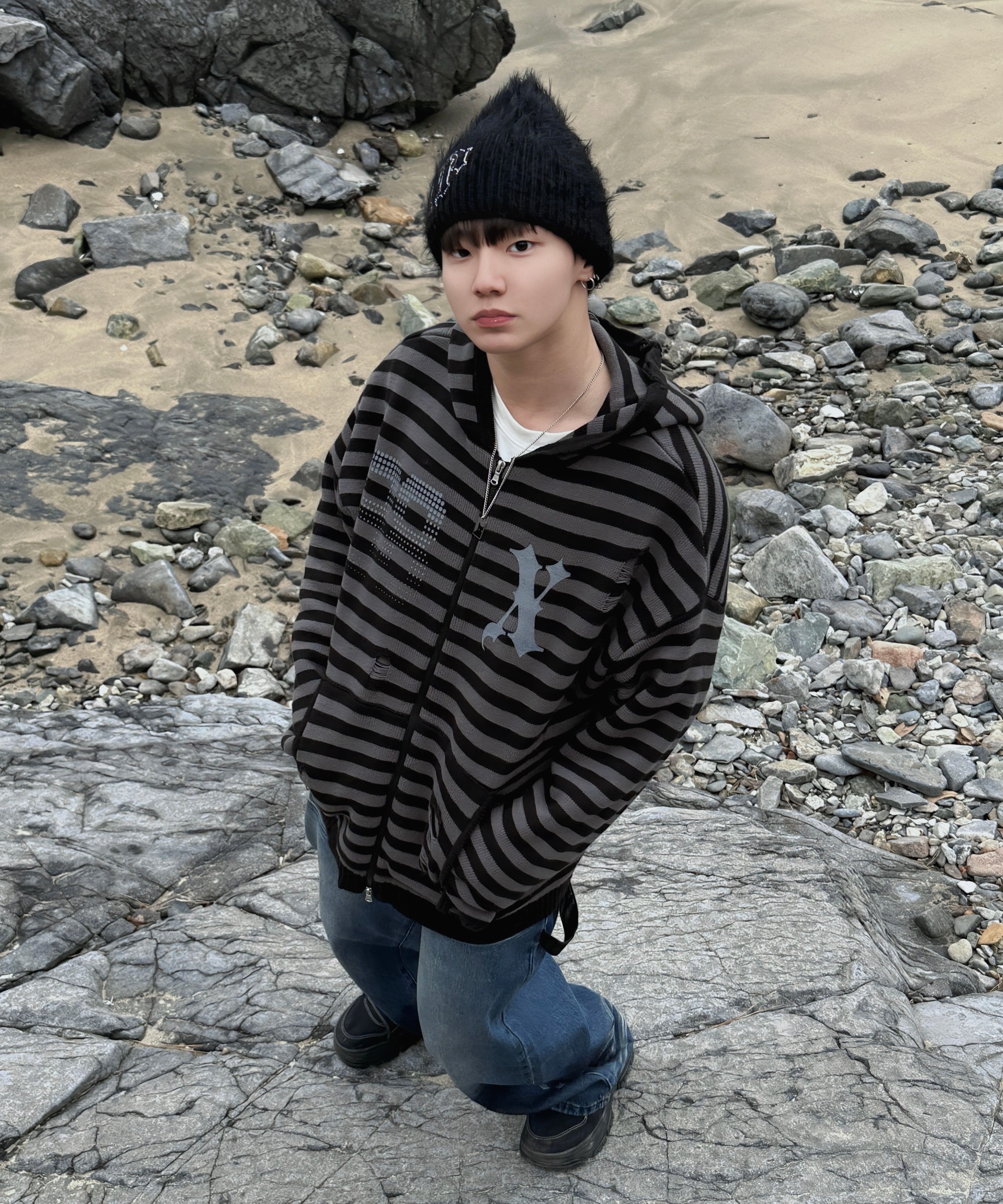 パーカー・フーディ XTONZ XTK131 Damage Stripe Knit Hoodie 5FT380 MUSINSA | XTONZ XTK131 Damage Stripe Knit Hoodie (BLACK)