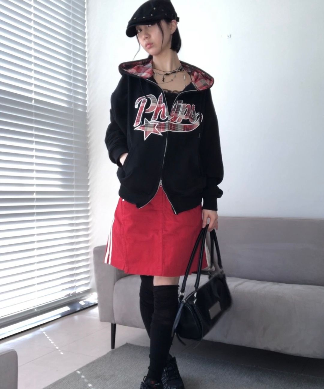 MUSINSA | PHYPS Check Star Tail Elbow Patch Hoodie_Gray