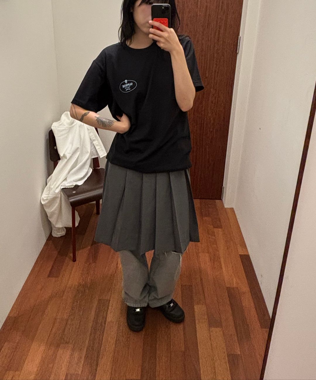 MUSINSA | CRANK Frill pleated midi skirt_dark navy