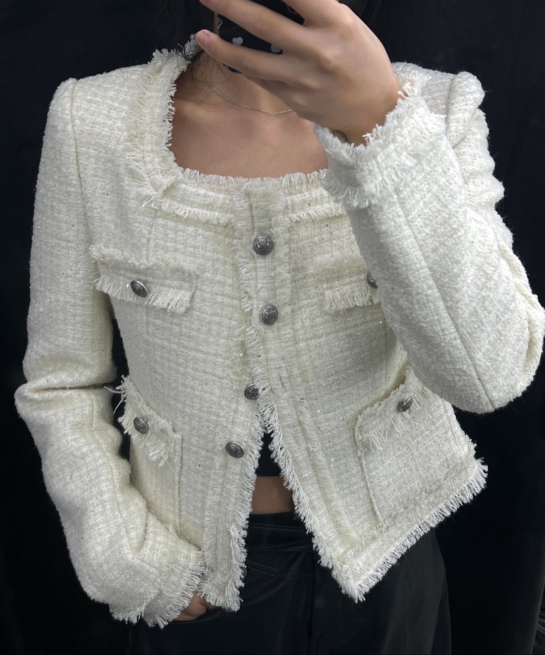 【RoseFrantz】Spangle Fringe Tweed Jacket ツイードジャケット MUSINSA | ROSÉ FRANTZ Spangle Fringe Tweed Jacket [Black]