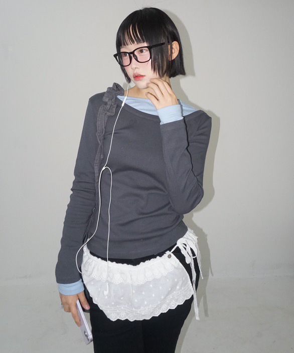MUSINSA公式 | RONRON UNBALANCE HEART BUTTON LAYERED T SHIRT GREY