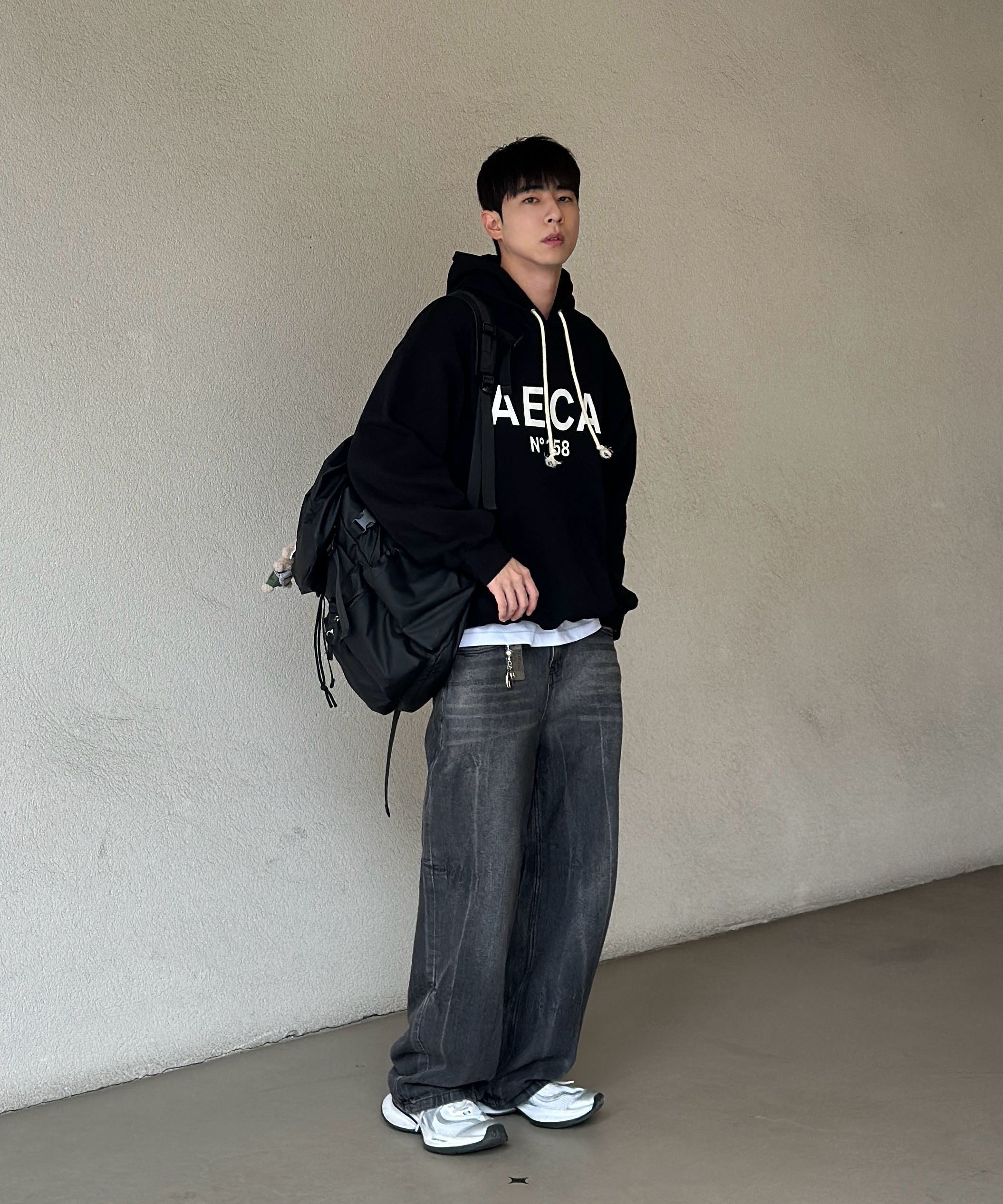 MUSINSA | AECA WHITE BIG LOGO PULLOVER HOODIE-LIGHT GRAY/NAVY