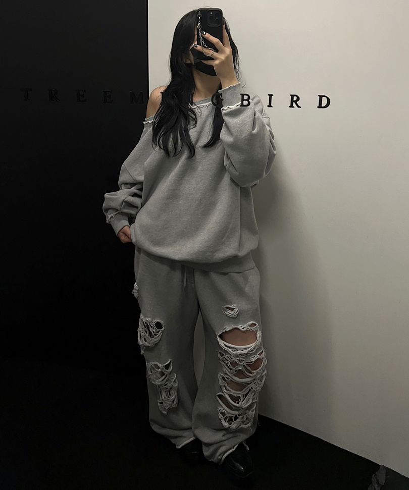 ★TREEMING BIRD★ Scratch Damage Wide Sweat Pants 4COLOR Scratch Damage Wide Sweat Pants [ Black ] - TREEMINGBIRD