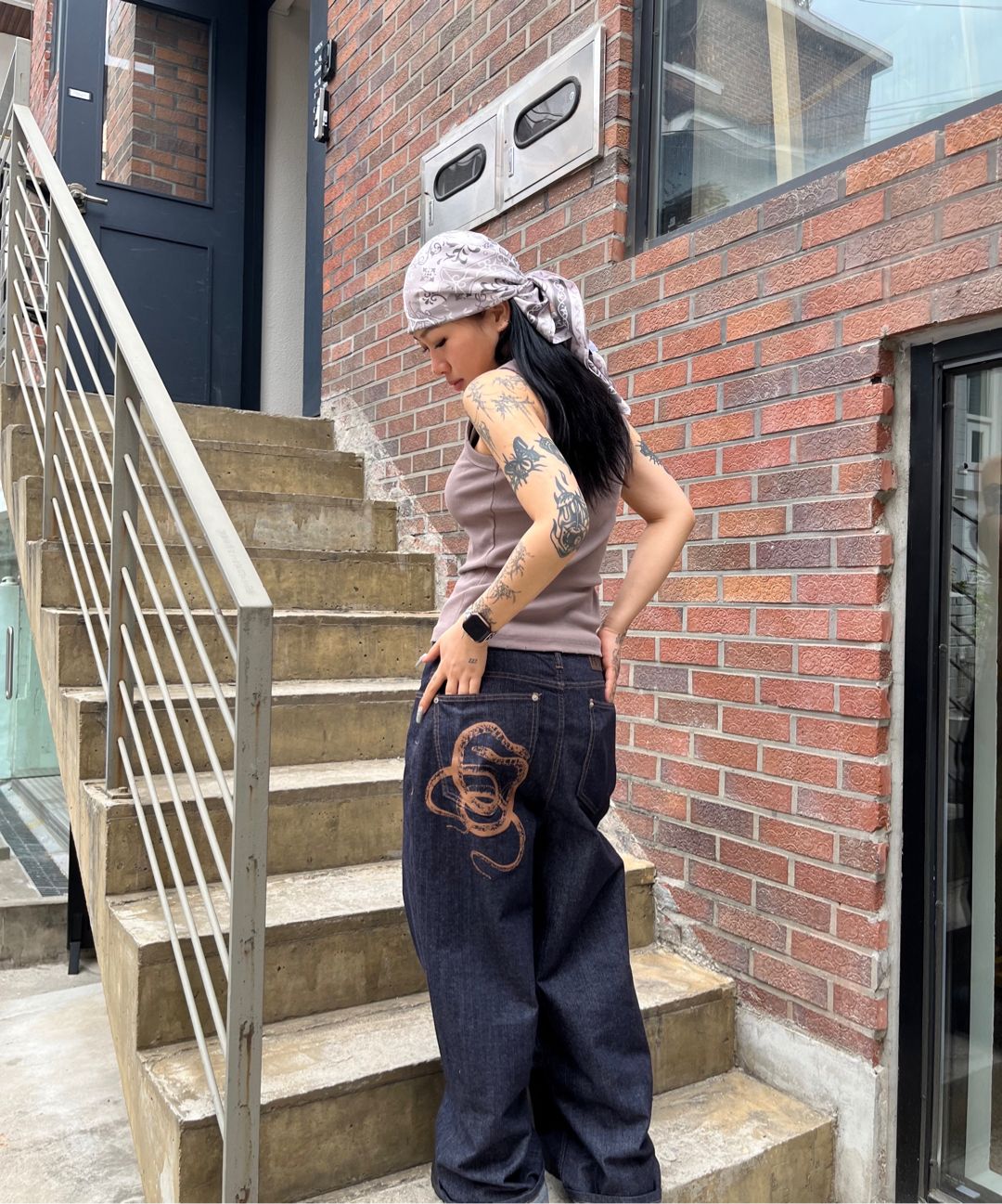 MUSINSA | AAKAM Snake Printed Denim Pants (Black)