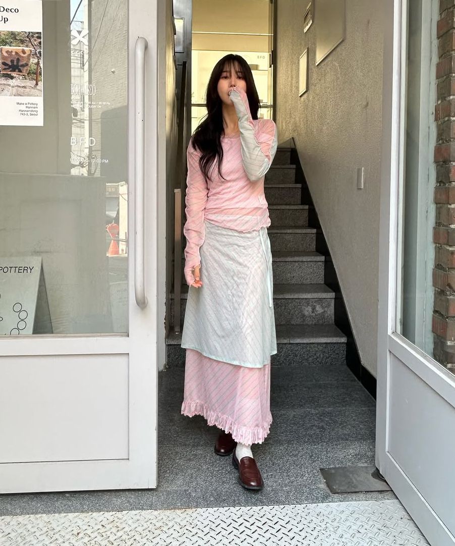MUSINSA | Gyeong Striped Mesh Double Layered Skirt_Pink & Lime