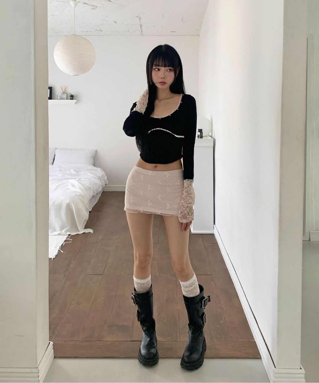 MUSINSA | CHERRYQUIRI corset stud long sleeve - black