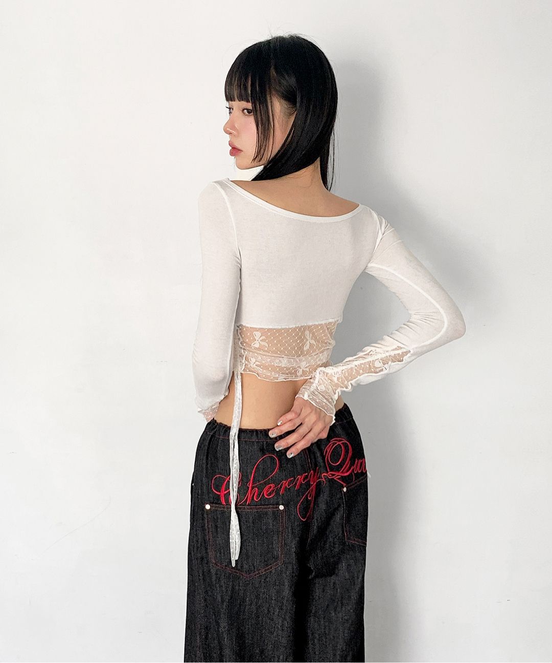 【CHERRYQUIRI】lace layered roll up denim - indigo 2nd reorder) lace layered roll up denim - indigo