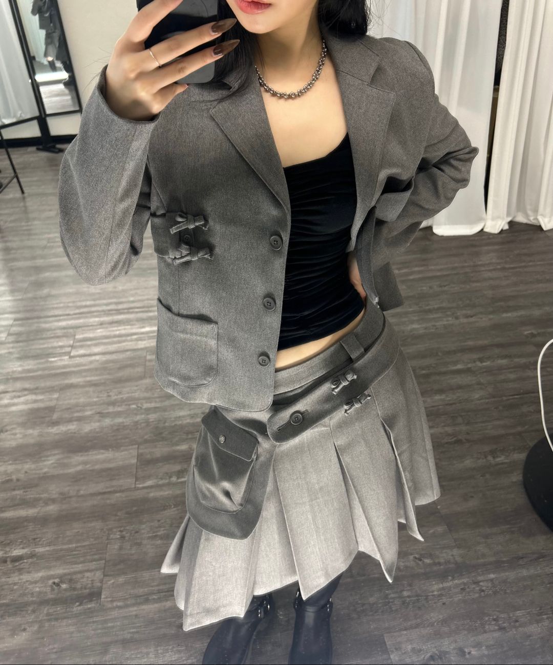 MUSINSA | KASHIKO Ribbon Preppy Pleated Skirt Black