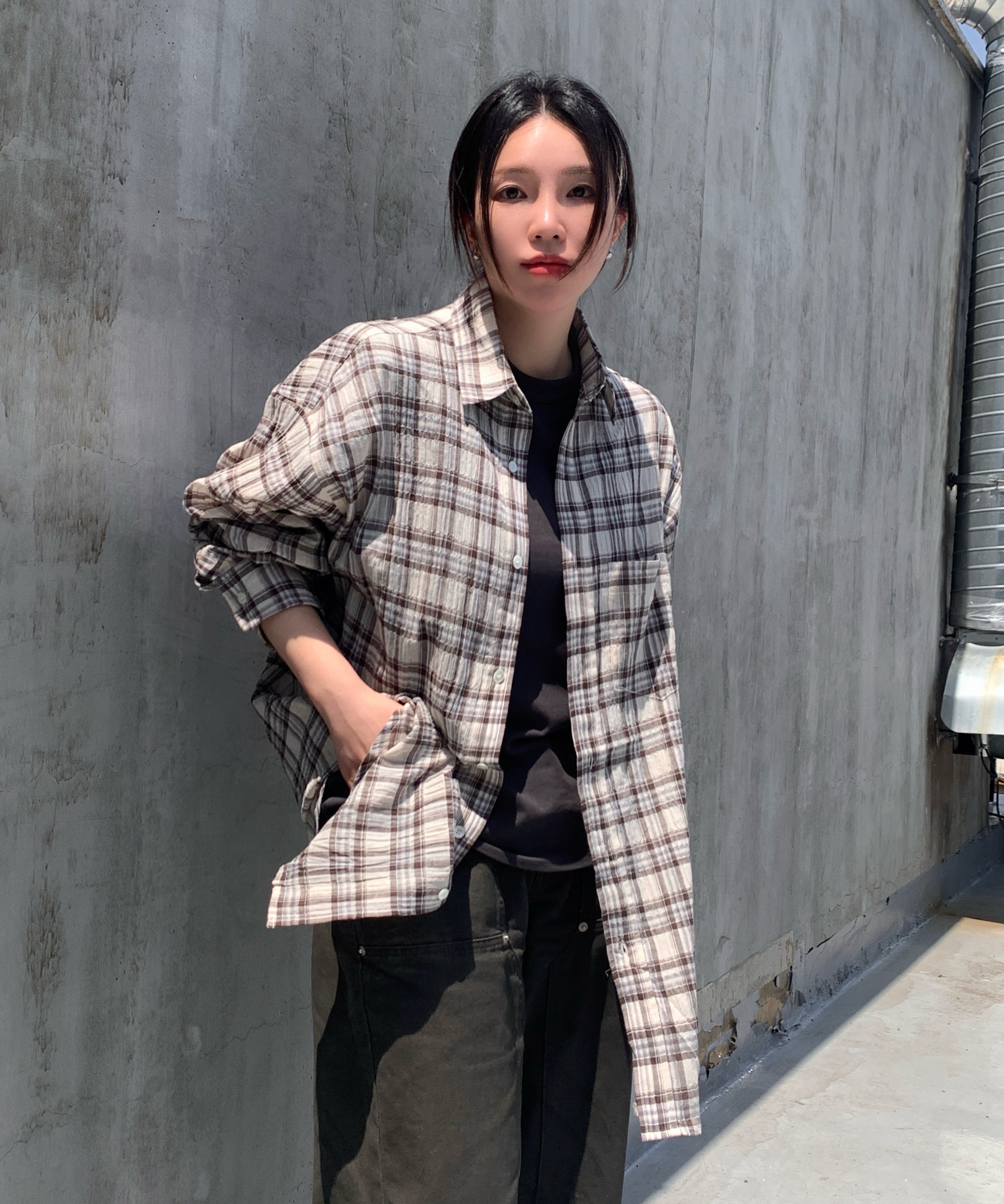MUSINSA | BOUNDARY Overfit Summer Square Check Shirt [Brown]