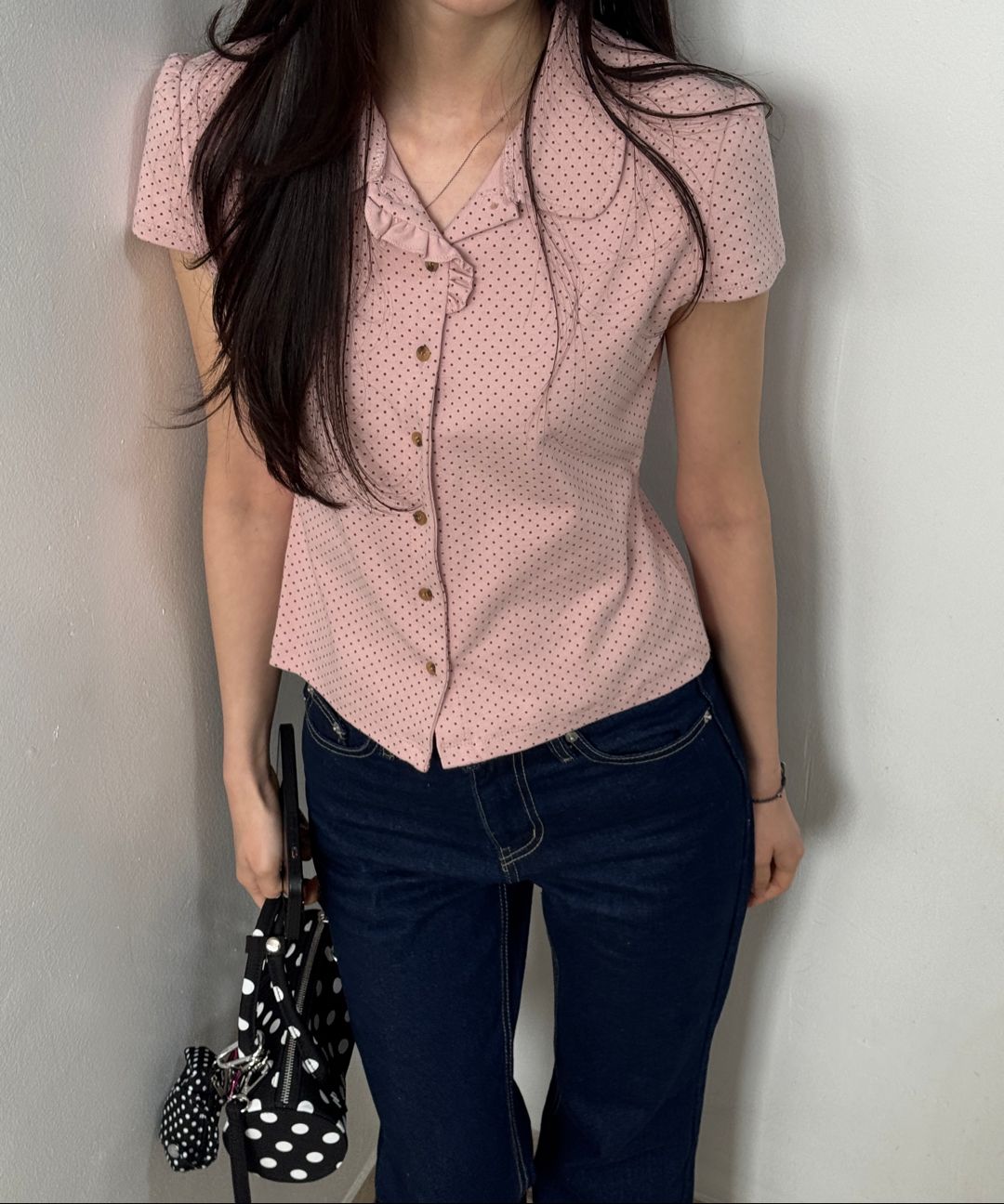 MUSINSA | RONRON DOT RUFFLE SHORT SLEEVE SHIRT INDIE PINK