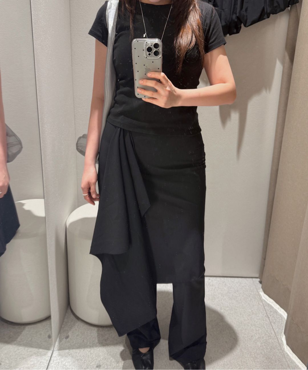 ◆MISEKI SEOUL◆ Draped chiton midi skirt pants SET CHARCOAL Charcoal Skirt Pants - N MORED | 60% - Asian Fashion Online