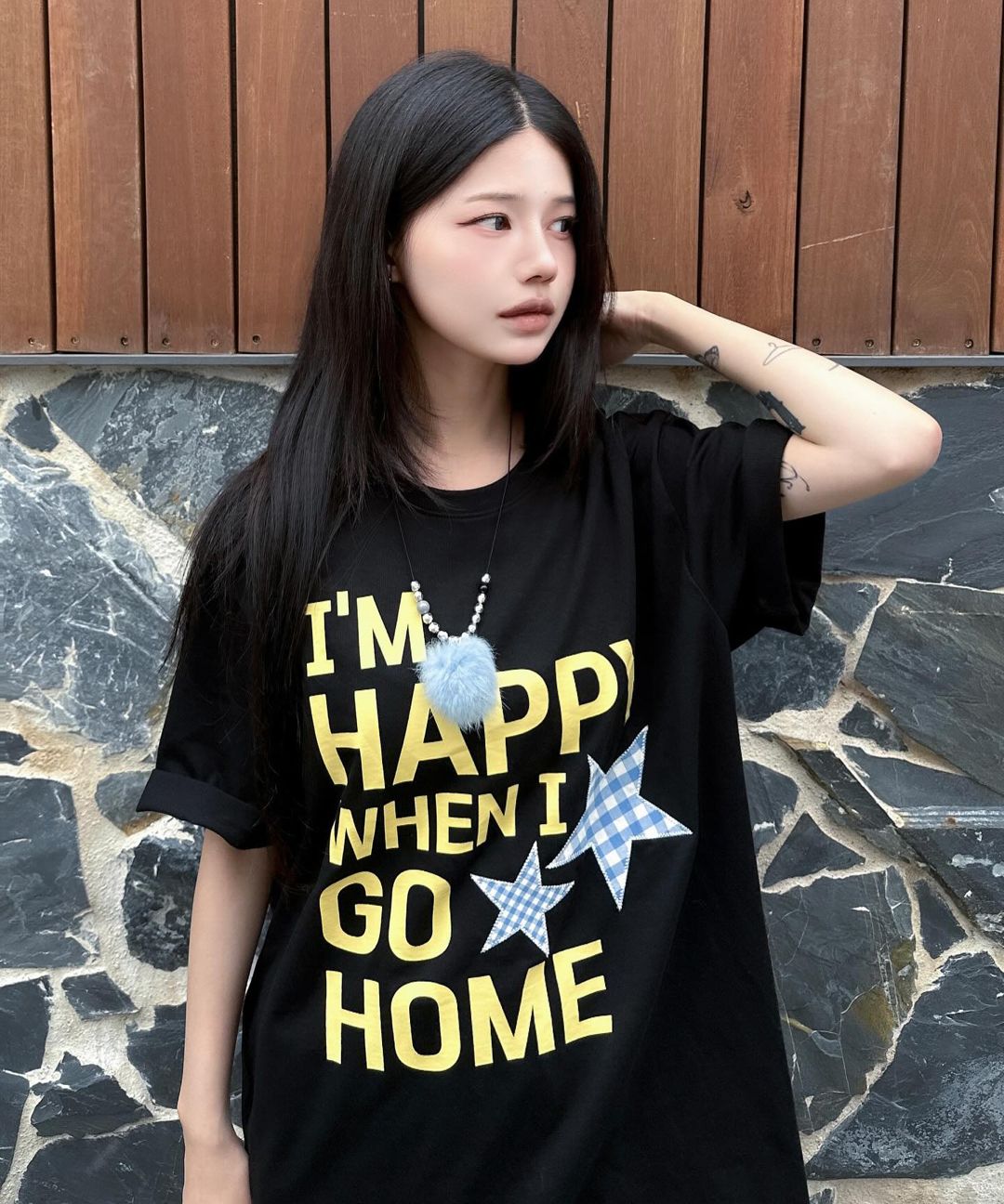 MUSINSA | WAI KEI I am HAPPY short sleeve t-shirt navy