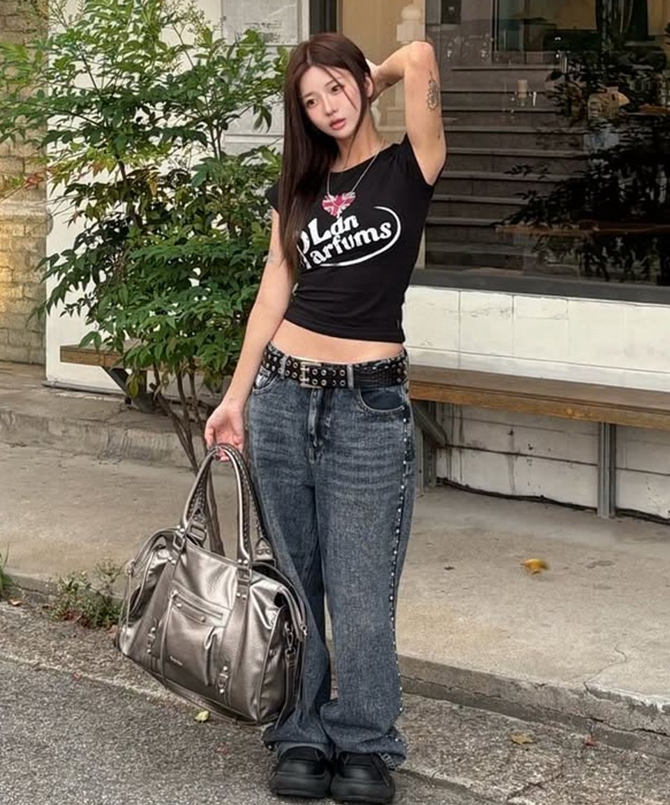 ◆ROCKCAKE◆ Studded Line Point Jeans Ash gray MUSINSA | ROCKCAKE Studded Line Point Jeans - Ash gray