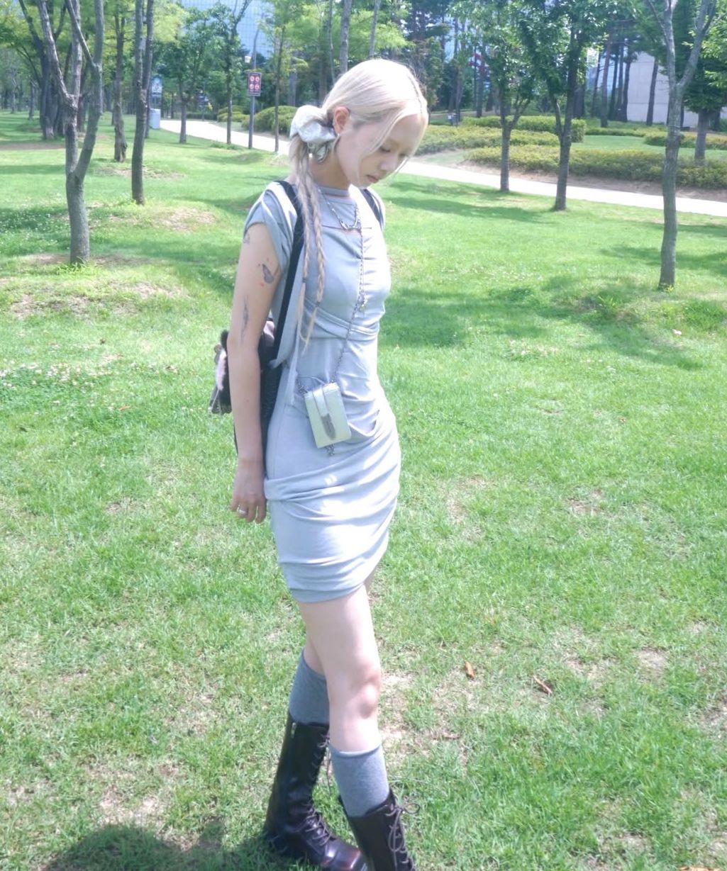 MUSINSA | FLAREUP Asymmetrical Draped Strap Roll-Up Dress