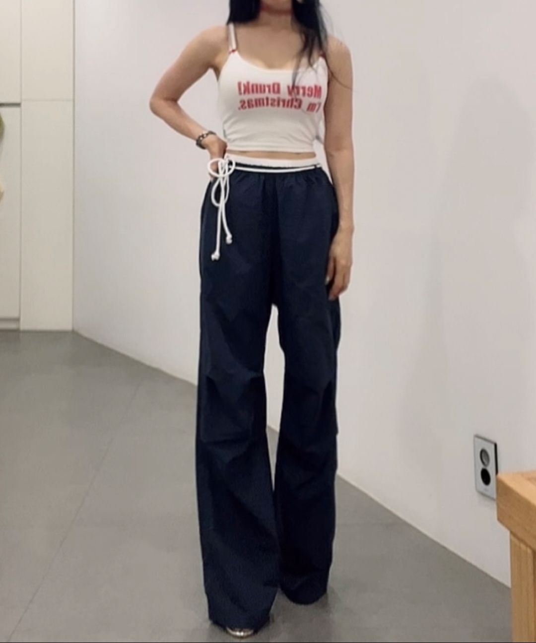 유희(YOUHEE) COTTON LAYERED BANDING WIDE PANTS NAVY - 사이즈